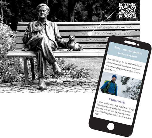 Photo of statue sitting on park bench with QR Code, overlaid with phone showing memorial page